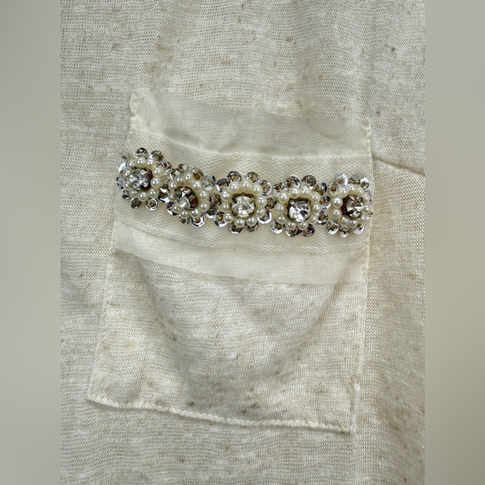 A’reve size Large Women’s Ivory Linen Blend Lace Trim Rhinestone Tank Top - Picture 3 of 7
